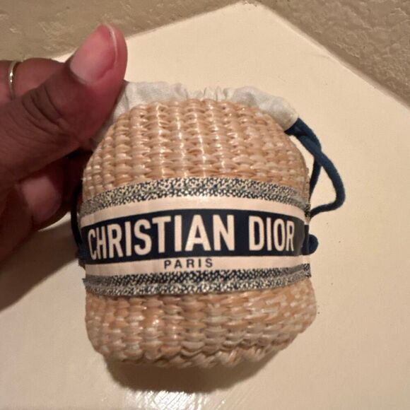 Christian Dior Beauty Mini Raffia Drawstring Top Bag Blue White Logo Coastal - Picture 9 of 10